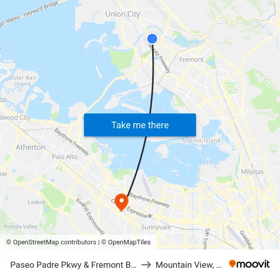 Paseo Padre Pkwy & Fremont Blvd to Mountain View, CA map