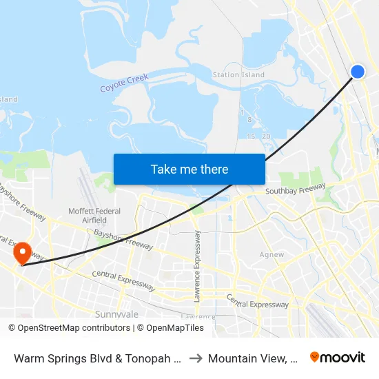 Warm Springs Blvd & Tonopah Dr to Mountain View, CA map