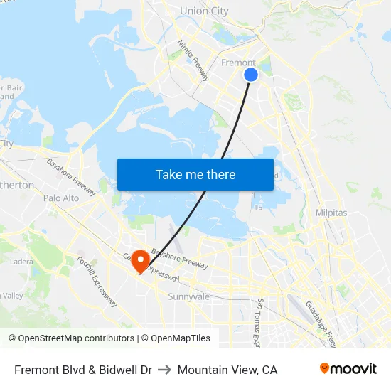 Fremont Blvd & Bidwell Dr to Mountain View, CA map