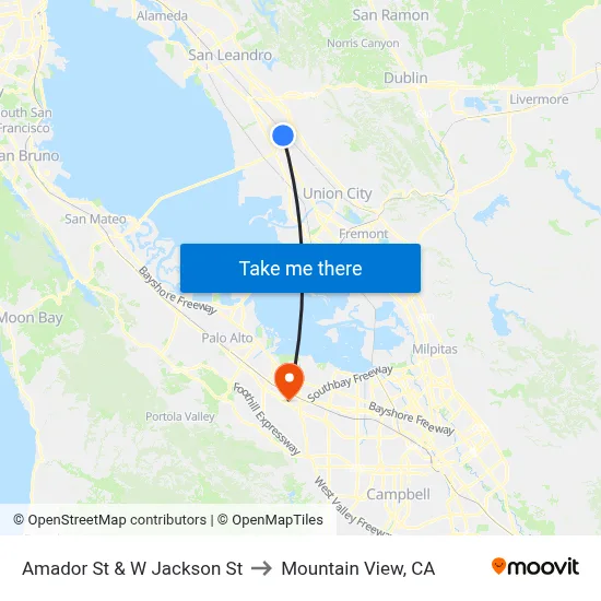 Amador St & W Jackson St to Mountain View, CA map