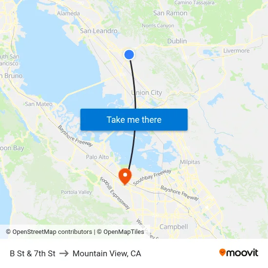 B St & 7th St to Mountain View, CA map