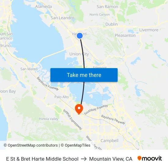 E St & Bret Harte Middle School to Mountain View, CA map