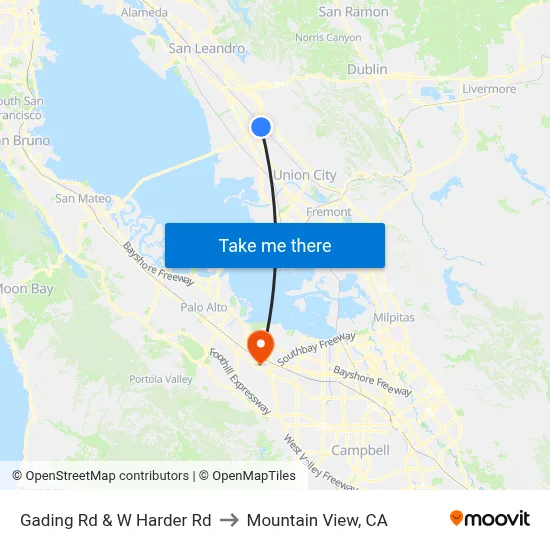 Gading Rd & W Harder Rd to Mountain View, CA map