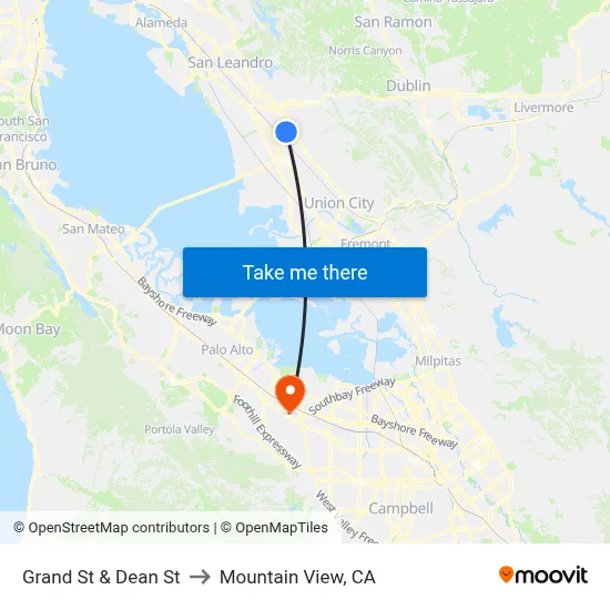 Grand St & Dean St to Mountain View, CA map