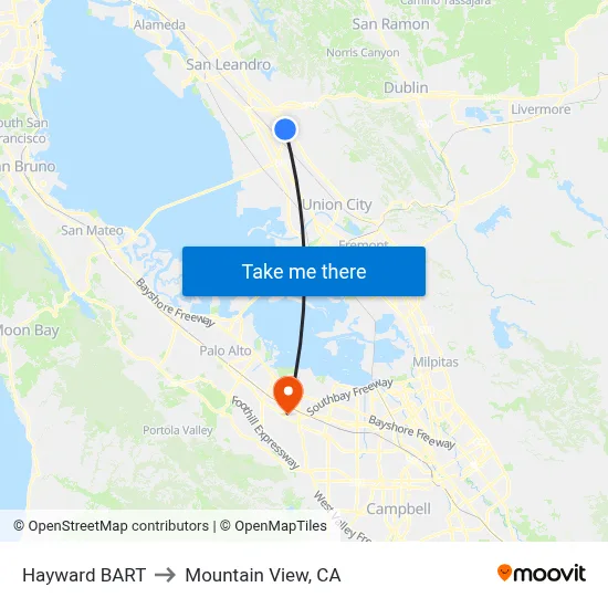 Hayward BART to Mountain View, CA map