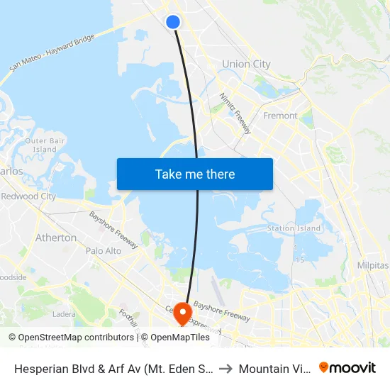 Hesperian Blvd & Arf Av (Mt. Eden Sr High School) to Mountain View, CA map