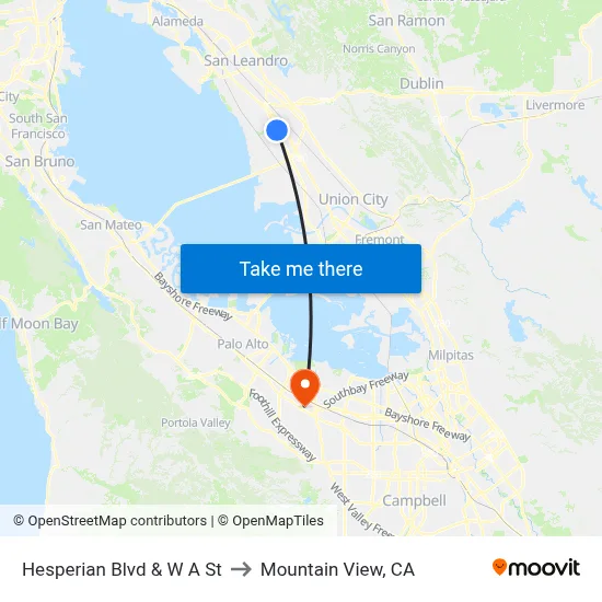 Hesperian Blvd & W A St to Mountain View, CA map