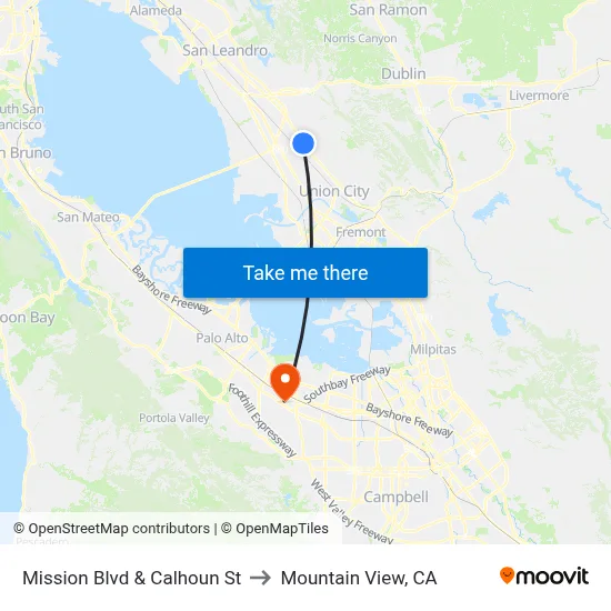 Mission Blvd & Calhoun St to Mountain View, CA map