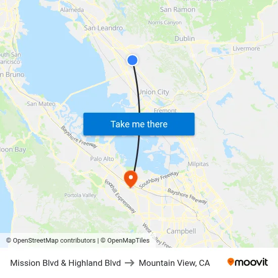 Mission Blvd & Highland Blvd to Mountain View, CA map