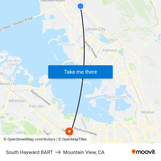 South Hayward BART to Mountain View, CA map
