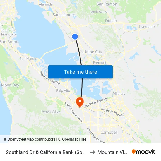 Southland Dr & California Bank  (Southland Mall) to Mountain View, CA map