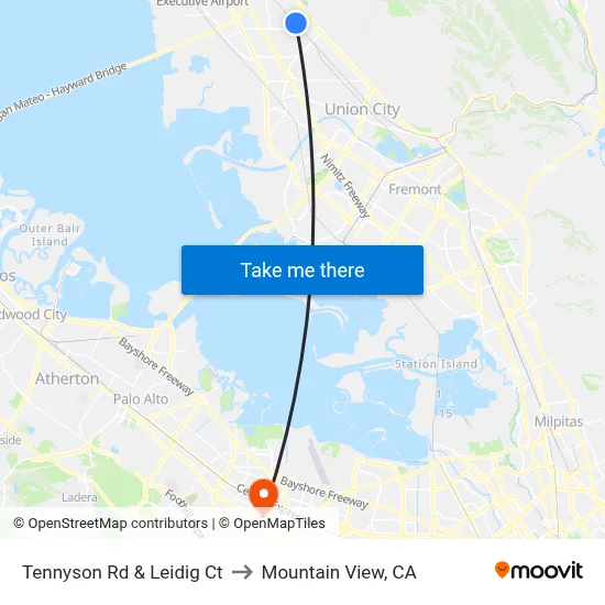 Tennyson Rd & Leidig Ct to Mountain View, CA map