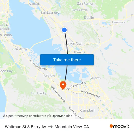 Whitman St & Berry Av to Mountain View, CA map