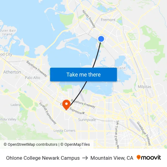 Ohlone College Newark Campus to Mountain View, CA map