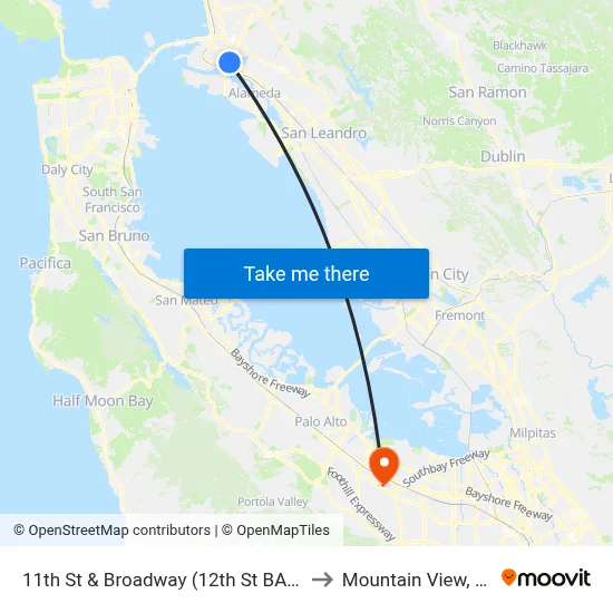 11th St & Broadway (12th St BART) to Mountain View, CA map