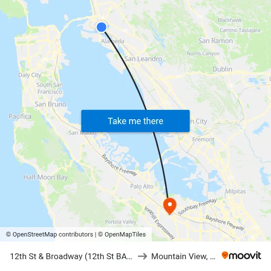 12th St & Broadway (12th St BART) to Mountain View, CA map