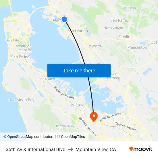 35th Av & International Blvd to Mountain View, CA map