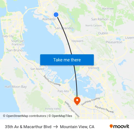 35th Av & Macarthur Blvd to Mountain View, CA map