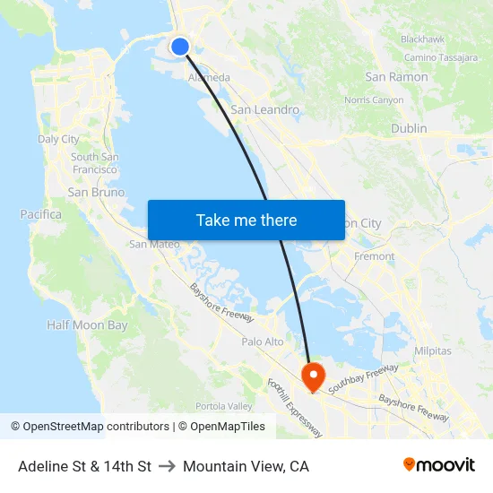 Adeline St & 14th St to Mountain View, CA map
