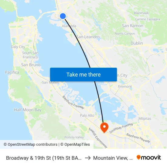 Broadway & 19th St (19th St BART) to Mountain View, CA map