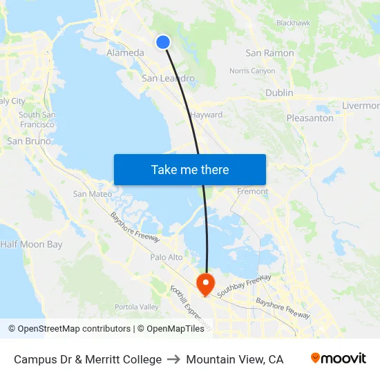 Campus Dr & Merritt College to Mountain View, CA map