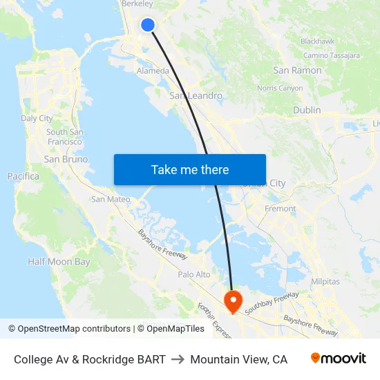 College Av & Rockridge BART to Mountain View, CA map