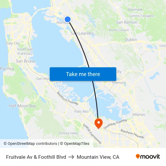 Fruitvale Av & Foothill Blvd to Mountain View, CA map