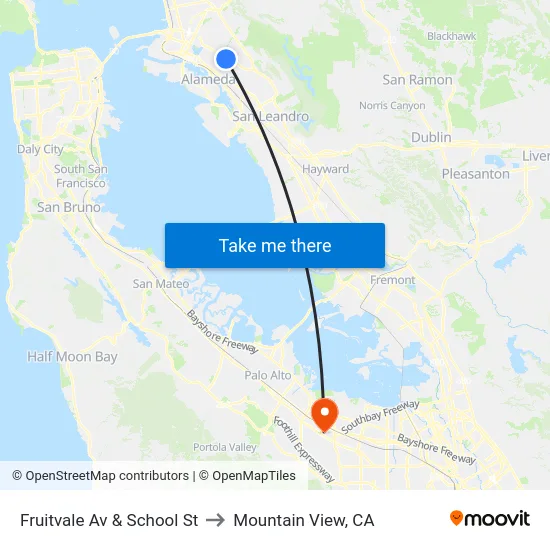 Fruitvale Av & School St to Mountain View, CA map