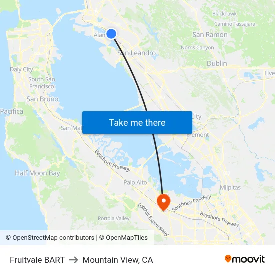 Fruitvale BART to Mountain View, CA map