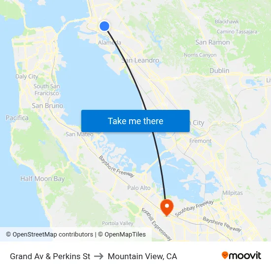 Grand Av & Perkins St to Mountain View, CA map