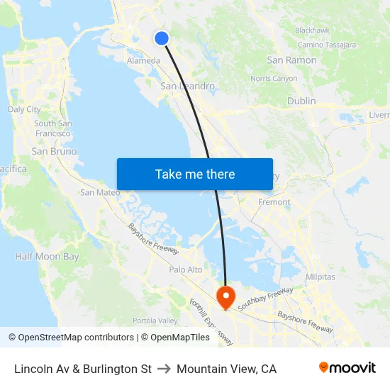 Lincoln Av & Burlington St to Mountain View, CA map