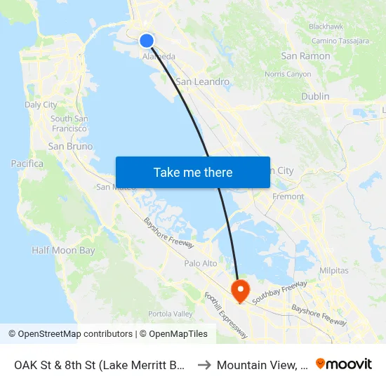 OAK St & 8th St (Lake Merritt BART) to Mountain View, CA map