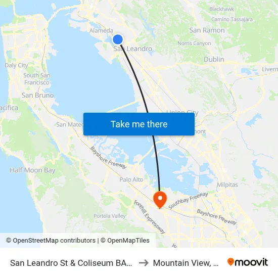 San Leandro St & Coliseum BART to Mountain View, CA map
