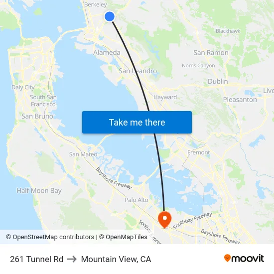 261 Tunnel Rd to Mountain View, CA map