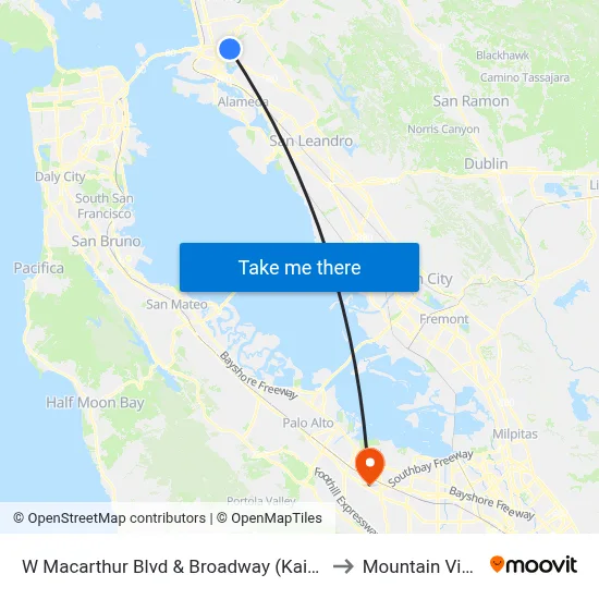 W Macarthur Blvd & Broadway (Kaiser Hospital) to Mountain View, CA map