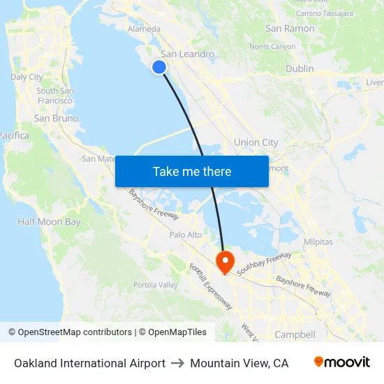 Oakland International Airport to Mountain View, CA map