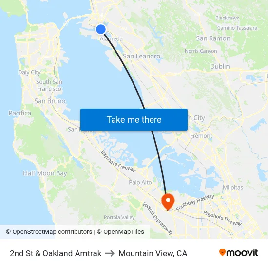 2nd St & Oakland Amtrak to Mountain View, CA map