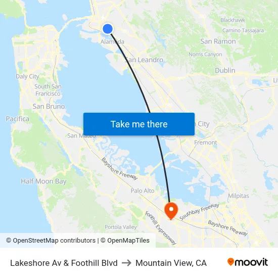 Lakeshore Av & Foothill Blvd to Mountain View, CA map