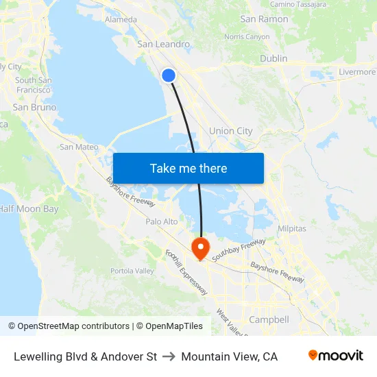 Lewelling Blvd & Andover St to Mountain View, CA map