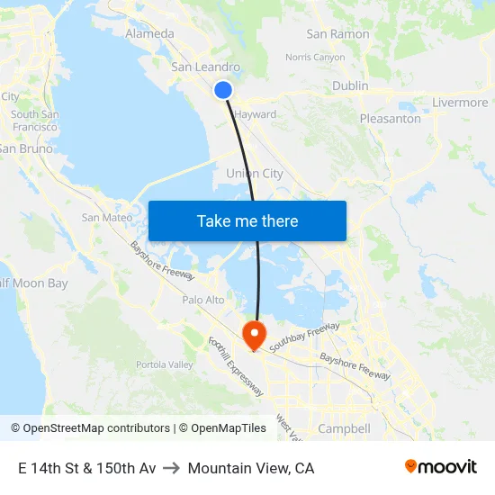 E 14th St & 150th Av to Mountain View, CA map