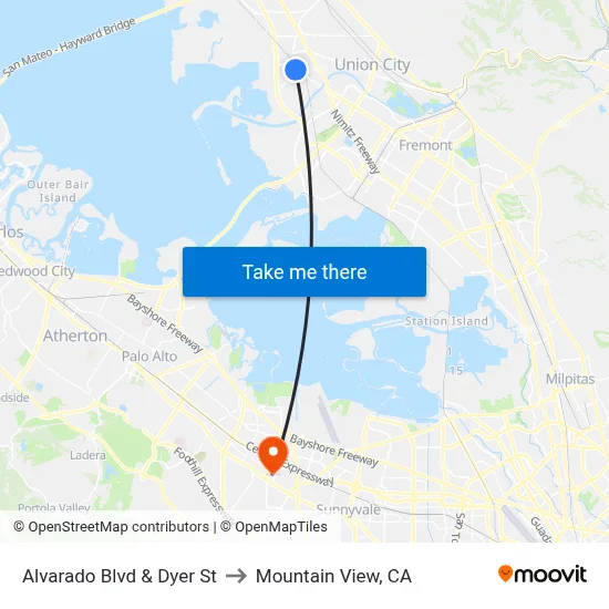 Alvarado Blvd & Dyer St to Mountain View, CA map