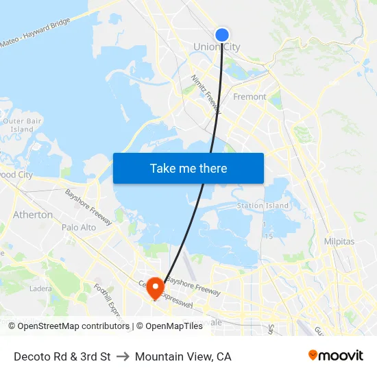 Decoto Rd & 3rd St to Mountain View, CA map