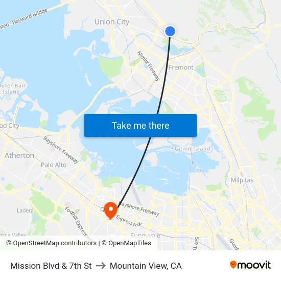 Mission Blvd & 7th St to Mountain View, CA map
