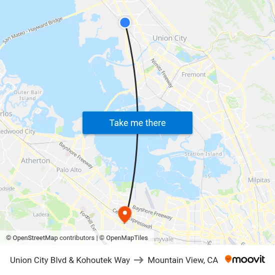 Union City Blvd & Kohoutek Way to Mountain View, CA map