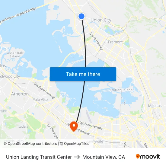 Union Landing Transit Center to Mountain View, CA map