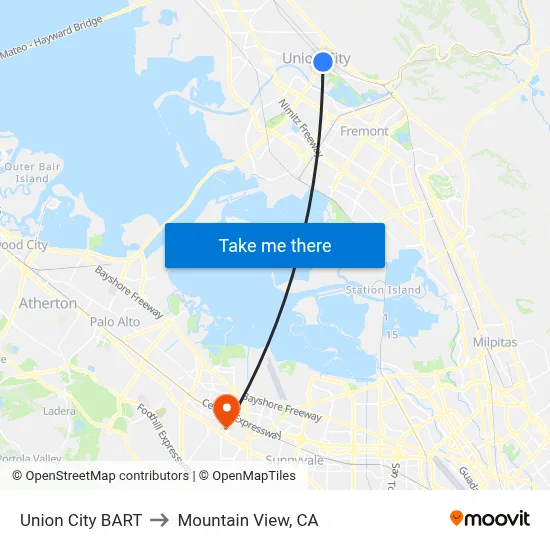 Union City BART to Mountain View, CA map