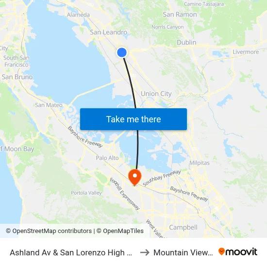 Ashland Av & San Lorenzo High School to Mountain View, CA map