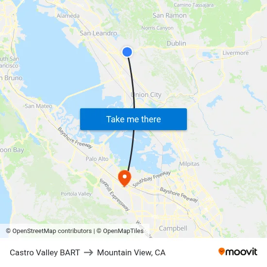 Castro Valley BART to Mountain View, CA map