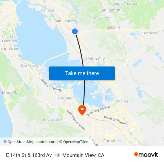E 14th St & 163rd Av to Mountain View, CA map