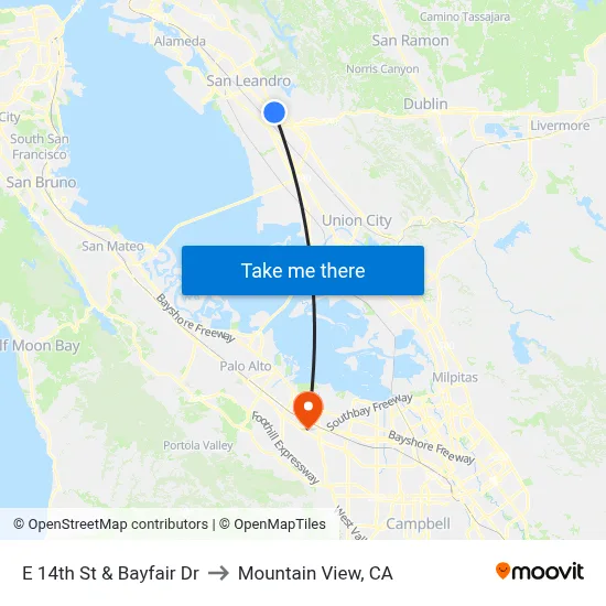 E 14th St & Bayfair Dr to Mountain View, CA map